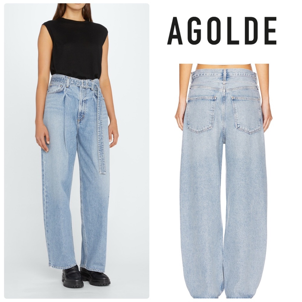 Agolde Belted Pleated Baggy Jeans Light Blue